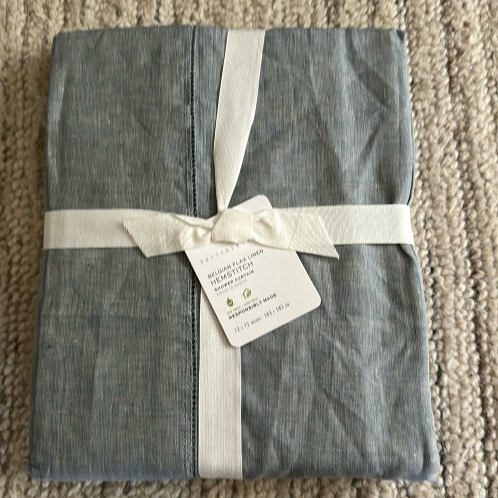 Pottery Barn Belgian Flax Linen Hemstitch Shower Curtain color Chambray
